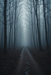 Fototapeta premium dirt path in a dark forest with bare trees, misty atmosphere, foggy day