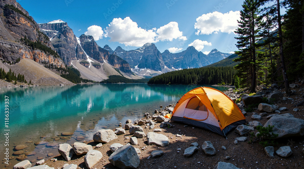 Wall mural camping with a tent in the mountains on a lake with a view of beautiful mountains.
