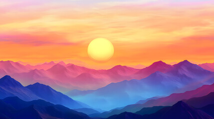 Fototapeta premium A vibrant sunset over layered mountains, showcasing hues of orange, pink, and blue, creating a serene and picturesque landscape scene