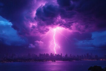 dramatic purple lightning storm over city skyline with multiple electric bolts illuminating dark clouds in long exposure photography