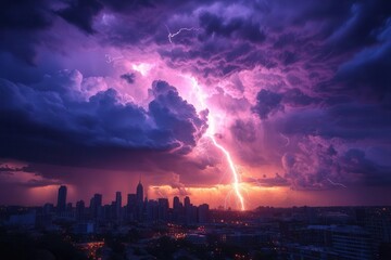 dramatic purple lightning storm over city skyline with multiple electric bolts illuminating dark clouds in long exposure photography