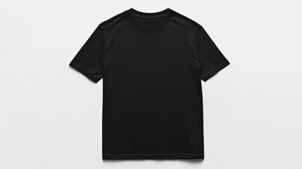 Plain black t shirt mockup lying on a white background, perfect for showcasing designs, logos, or artwork, offering a clean and professional presentation for your brand or project