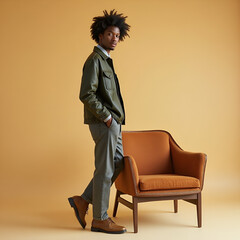 Trendy model standing by a mid-century arm chair, wide angle, full body side view, simple solid