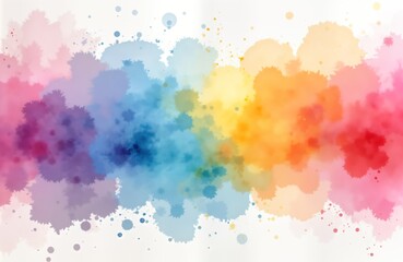 Abstract watercolor illustration with soft pastel colors. Colorful splatter patterns create vibrant, unique design. Mix of bright colors like pink blue orange yellow, purple form flowing texture.