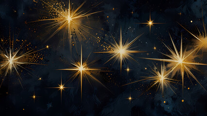 Fototapeta premium A surreal abstract composition featuring geometric star patterns in shades of metallic gold and white, arranged over a textured dark blue backdrop with hints of galactic mist and glittering particles.