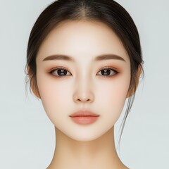 Naklejka premium Portrait of a young woman with natural beauty, showcasing flawless skin and subtle makeup, ideal for beauty and fashion.