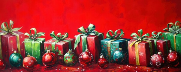 Festive red and green presents adorned with ribbons, surrounded by Christmas ornaments on a vibrant red backdrop, conveying a joyful holiday spirit