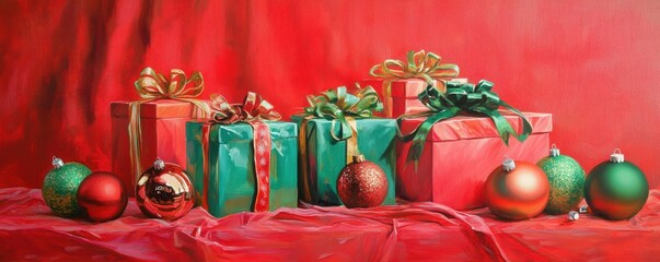 Festive red and green presents adorned with ribbons, surrounded by Christmas ornaments on a vibrant red backdrop, conveying a joyful holiday spirit