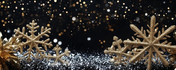 Fototapeta premium festive, winter, holiday, background, snowflakes, gold, black, celebration, decoration, seasonal, elegant, luxury, frame, sparkle, blank, winter wonderland, artistic, design, party, cheerful This im