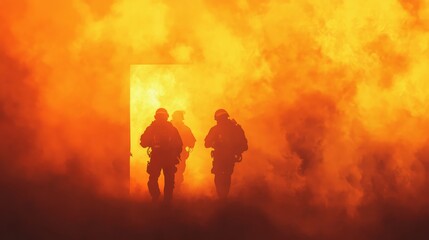 Obraz premium Three firefighters are running out of a burning building engulfed in flames and thick smoke during a dangerous rescue operation, highlighting the bravery and risks involved in their profession