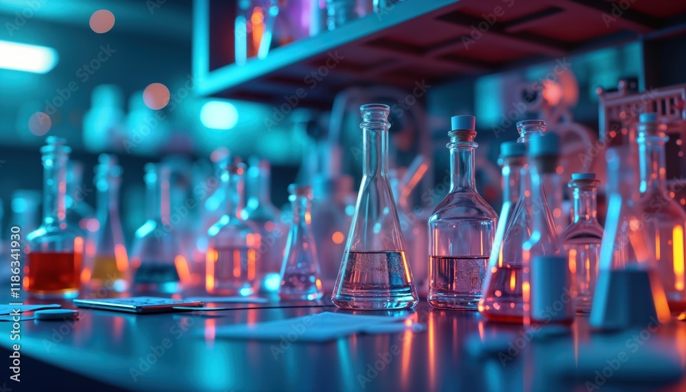 Aufkleber abstract lab scene shows glassware filled with liquids. colorful lights create futuristic research l