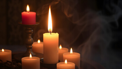 Candle burns on the altar, magic among candles, clean negative energy, wicca concept, vintage, with white tones