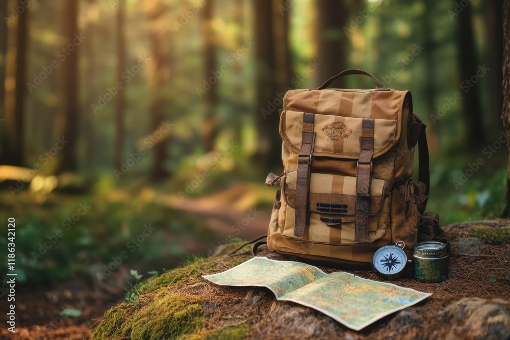 Aufkleber Exploring nature with a backpack, compass, and map on a forest floor at dusk. Generative AI