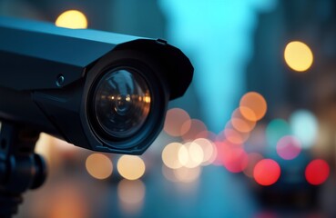 Close-up security camera watches city street. AI-powered surveillance tech monitors urban landscape. Nighttime urban life captured by futuristic tech. Modern security system observes city traffic.