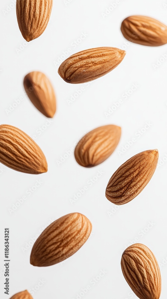 Aufkleber Many almonds falling against a white background creating a dynamic pattern, ideal for representing concepts related to healthy food, vegan snacks, and the food industry