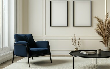 Modern living room interior design, blue armchair, coffee table, beige walls, calm background, for home decor blogs