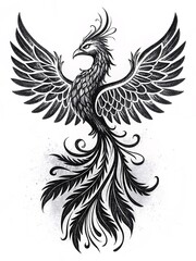 Obraz premium Majestic Phoenix Rising: A Vertical Black-and-White Tattoo Design Showcasing Grace and Power Against a Clean White Canvas, Embodying Rebirth and Eternal Strength.