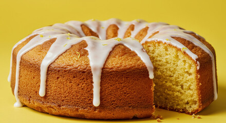 Lemon drizzle cake on a bright sunny yellow background for refreshing celebrations