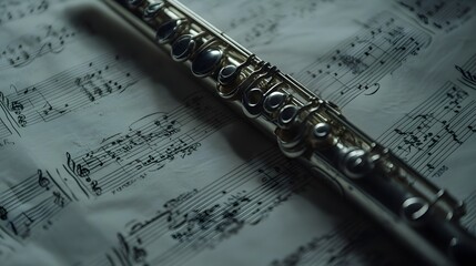 Silver Flute Resting on Musical Sheet Music