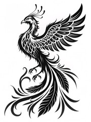 Obraz premium Majestic Phoenix Rising: A Vertical Black-and-White Tattoo Design Showcasing Grace and Power Against a Clean White Canvas, Embodying Rebirth and Eternal Strength.