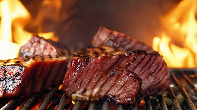 Slow zoom in video of luxurious steak cuts stacked on a metal grill, with a fiery background, dramatic lighting, sizzling fat, charred texture, rich red color