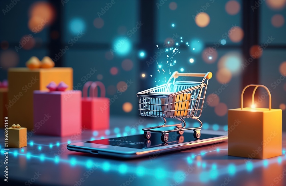 Poster Futuristic online shopping using mobile device. Shopping cart appears on screen. Digital payment concept. Mobile tech for secure purchase. Generative AI generates purchase transaction. Convenience,