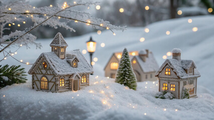Naklejka premium A winter scene with three snow-capped houses, a dark sky suggesting night, and shimmering lights like stars. A lantern adds a festive glow, evoking a Christmas village.