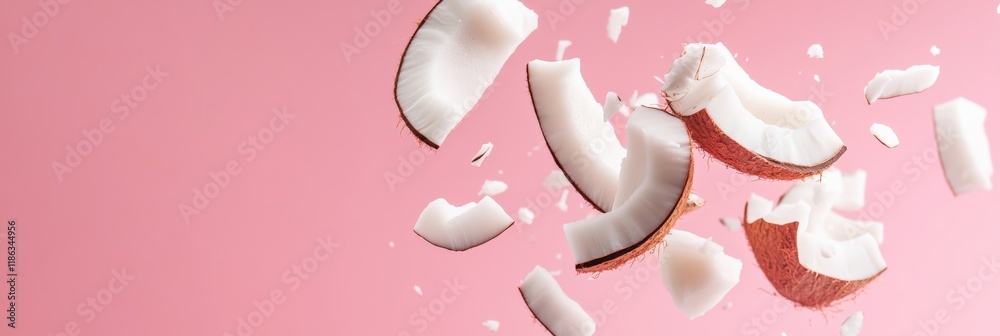 Leinwandbilder broken coconut pieces with white flesh and brown shell are levitating on a vibrant pink background, 