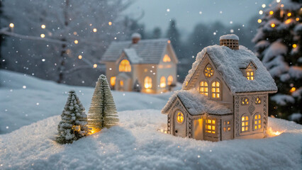 A charming winter village scene with toy houses, snow-covered trees, and warm lights creates an enchanting, festive ambiance.