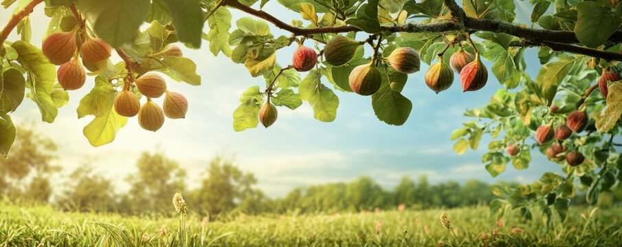 fresh figs hanging from a flourishing green fig tree branch in a bountiful orchard setting