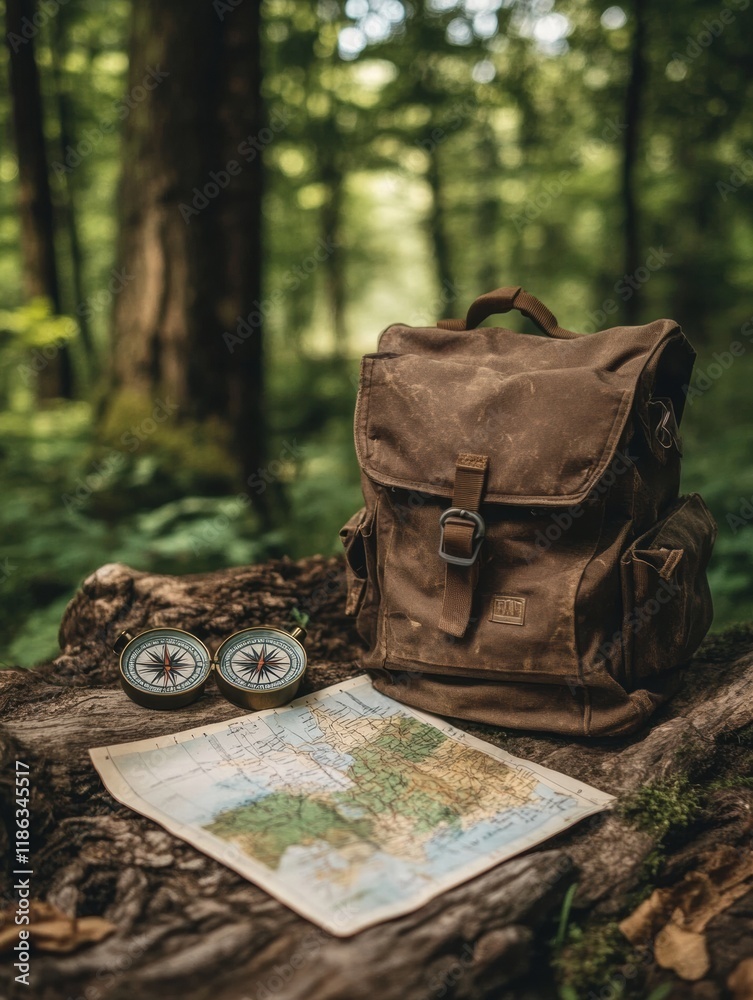 Aufkleber Exploring nature with a backpack, compass, and map in a tranquil forest setting during the daytime. Generative AI