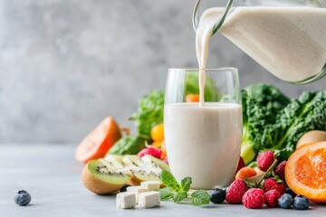 Refreshing tofu smoothie being poured into a glass surrounded by fresh fruits and vegetables in a bright kitchen environment for healthy living
