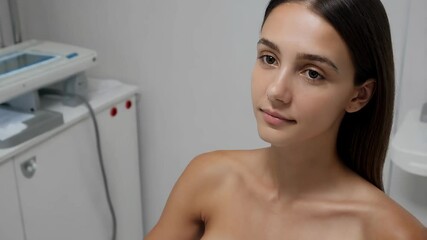 Serene woman in modern clinic setting for skincare consultation