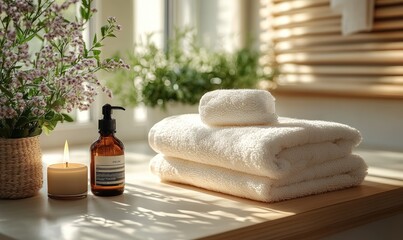 Spa setting: candles, towels, lotion, flowers.
