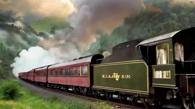 A vintage steam train traveling through a lush valley