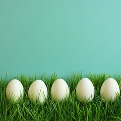 Fototapeta premium Simple and Minimalist Border Design Featuring White Eggs on Green Grass for Celebrating Easter and Chinese New Year with a Fresh and Modern Touch