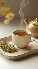 Steaming Cup of Herbal Tea on Beige Tray with Natural Elements