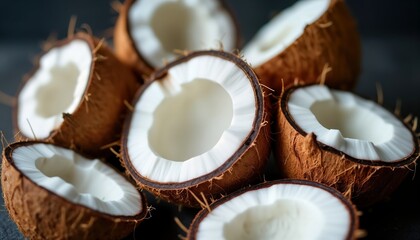 Close-up view of many fresh coconuts cut in half. White coconut flesh visible within brown shells. Natural tropical fruit. Healthy food concept. Organic, ripe fruit. Food background. Exotic fruit