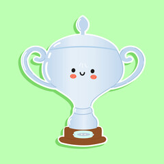 Sticker Silver trophy cup character. Vector hand drawn cartoon kawaii character illustration icon. Isolated on green background. Silver trophy cup character concept