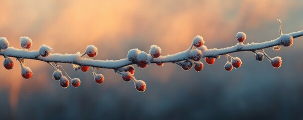 Frost-covered berries on a snowy branch, intricate seasonal detail, serene winter nature photography.