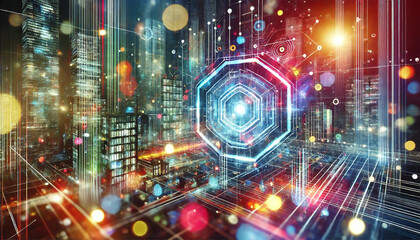 A futuristic cityscape blending 2D and 3D elements with vibrant neon lights, holograms, and floating geometric shapes. Dynamic and high-energy atmosphere. AI generated.