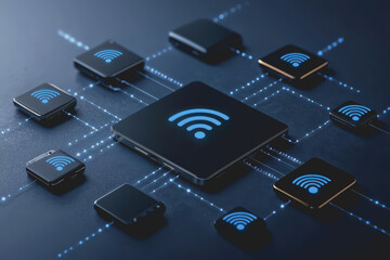 Connected devices with wi-fi technology including smartphones tablets laptops and smart home devices showcasing modern communication and data sharing capabilities 180 chars