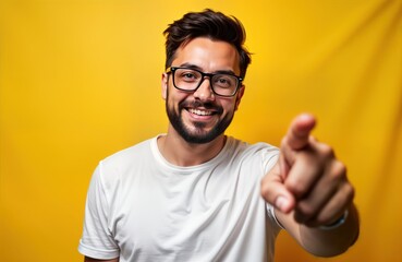 Smiling man in white t-shirt, glasses points directly at camera. Positive expression. Studio shot on yellow background. Focus on face, gesture. Image suitable for social media ads websites. Modern
