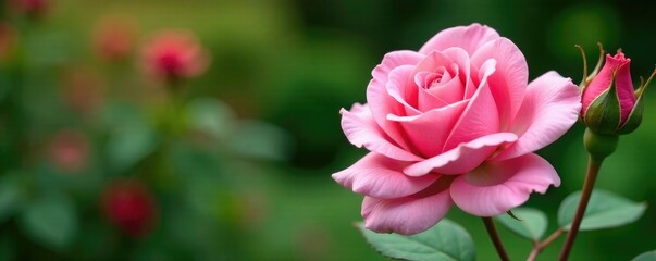 Obraz premium Delicate pink rose with tightly closed buds in a lush garden, garden, pink