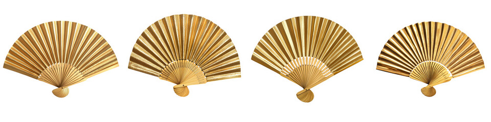 Elegant and ornate golden folding fan patterns with intricate designs representing traditional Asian or Oriental culture and decor  These traditional fan shapes can be used for various decorative