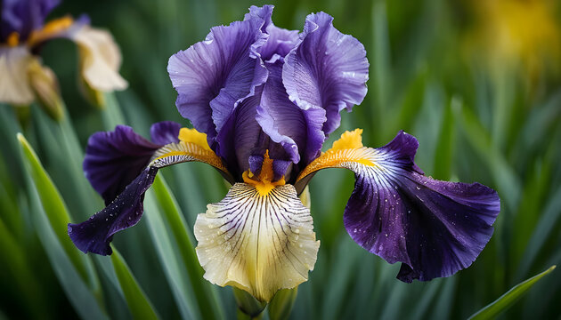 Purple and yellow iris flower with dew drops.