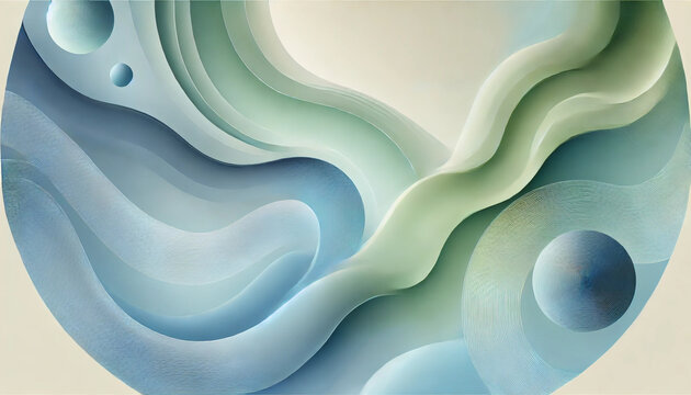 A soothing abstract design with soft, flowing shapes in cool blue and green tones. Smooth transitions and fluid forms create a calming, peaceful visual. AI generated.
