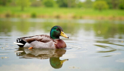 Fototapeta premium Male mallard duck swimming in tranquil pond, serene nature