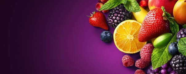 Fruits and leaves arranged on a purple background, showcasing vibrant colors and healthy ingredients that promote wellness and vitality Perfect for health related content