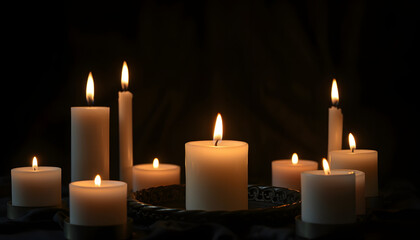Candle burns on the altar, magic among candles, clean negative energy, wicca concept, studio photography, with white tones